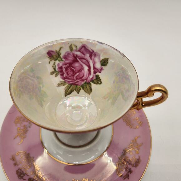 Royal Halsey Vintage Lusterware Pedestal Rose Tea Cup And Saucer Pink Gold‎ - Picture 3 of 9